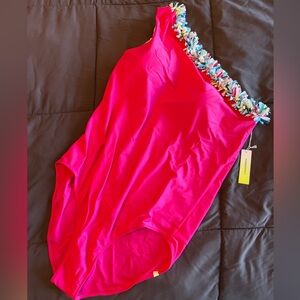 Summersalt Sidestroke Confetti Fringe Pink Dragon Fruit One Shoulder Swimsuit